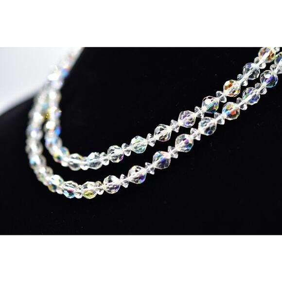 Vintage Aurora Borealis Crystal Double Strand Beaded Collar Necklace Shiny BinA - Picture 3 of 12